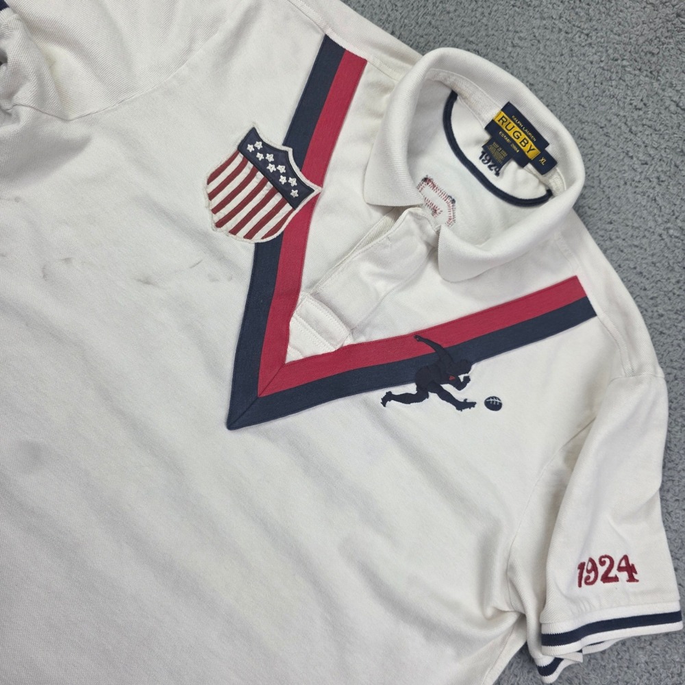 Ralph Lauren Rugby Polo Shirt Mens XL White USA 1924 Kicking Graphic Preppy Y2K